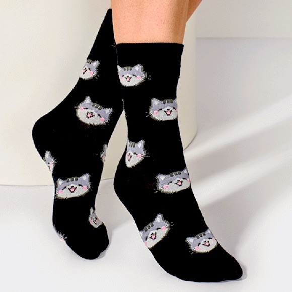 Avon Accessories - Cute Cat Walk Sock with Sweet Happy Kitty Face Grey Kitten Animal New Black Crew